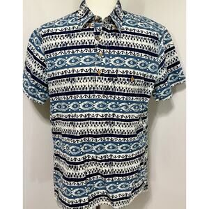 J Crew Button Up Shirt Mens Large Blue Short Sleeve Resort Tribal Vaycay Island